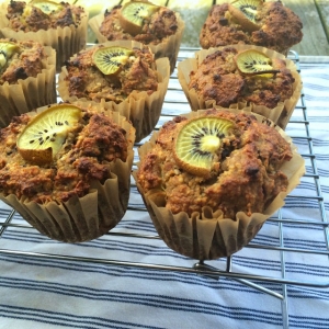 Kiwi fruit muffin recipe with dark chocolate cacao nibs and orange zest (gluten free and vegan)