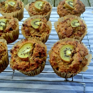 Kiwi fruit muffin recipe with dark chocolate cacao nibs and orange zest (gluten free and vegan)