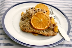 Baked oatmeal with oranges, sesame seeds, cacao nibs and ginger