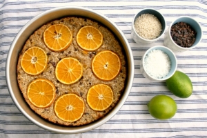 Baked oatmeal with oranges, sesame seeds, cacao nibs and ginger