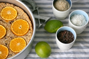 Baked oatmeal with oranges, sesame seeds, cacao nibs and ginger