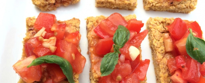 Recipe for gluten free Tomato Bruschetta made with rosemary chili cornbread