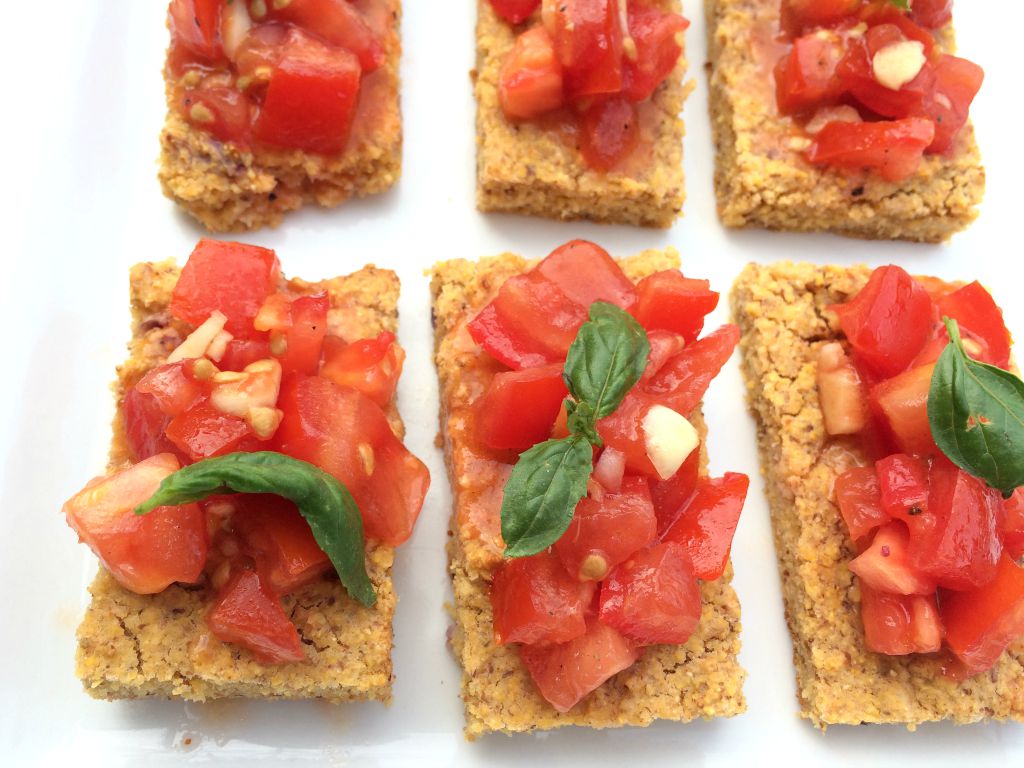 Recipe for gluten free Tomato Bruschetta made with rosemary chili cornbread