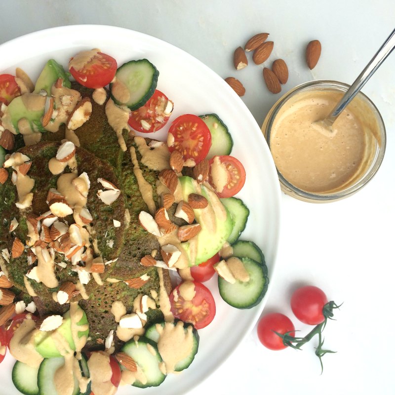 The best healthy salad dressing - Dreamy tahini dressing goes great on savoury spinach pancakes