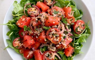 Watermelon tomato salad with oatmeal and kalonji seeds - heart healthy salad recipe