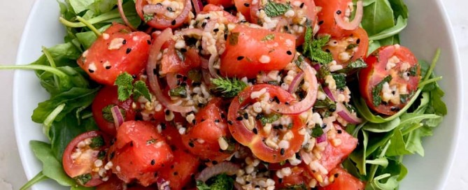 Watermelon tomato salad with oatmeal and kalonji seeds - heart healthy salad recipe