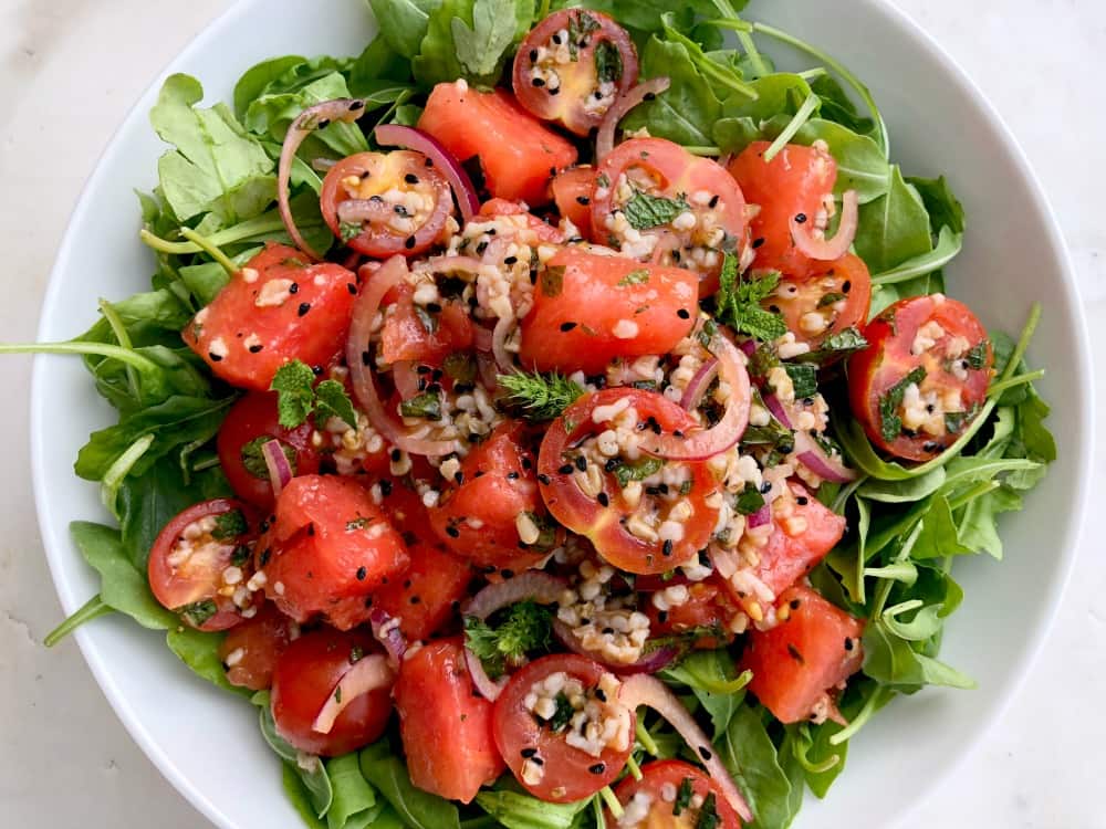 Watermelon tomato salad with oatmeal and kalonji seeds - heart healthy salad recipe