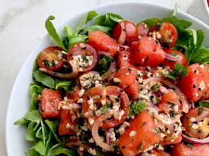 Watermelon tomato salad with oatmeal and kalonji seeds - heart healthy salad recipe