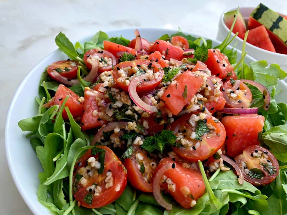 Watermelon tomato salad with oatmeal and kalonji seeds - heart healthy salad recipe