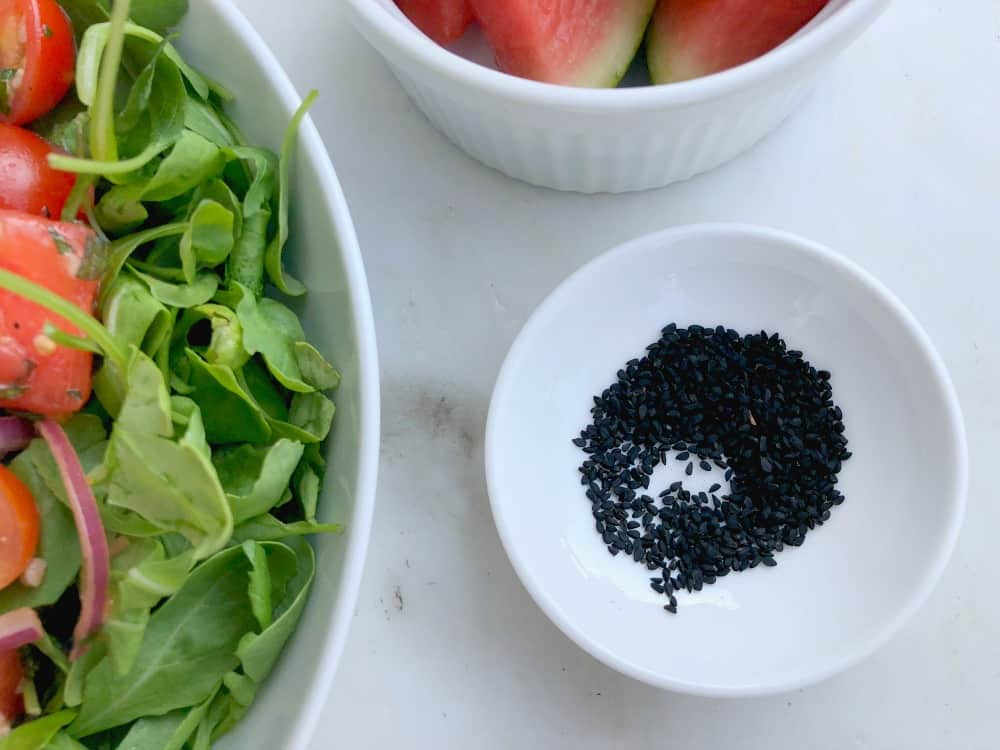 Watermelon tomato salad with oatmeal and kalonji seeds - heart healthy salad recipe